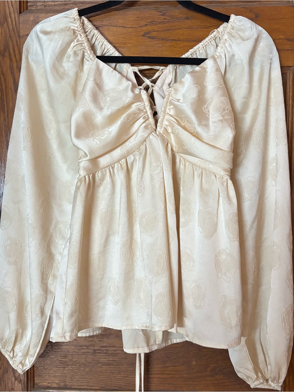 Francesca's Collections Cream Satin Lace-Up Peasant Blouse